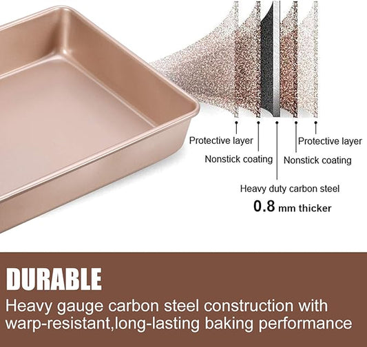 Deep Baking Pans Set Nonstick,Rectangle Cake Pan,Stackable Bakeware Set of 3,Oven Trays for Baking,Gold(9''/11''/13'')