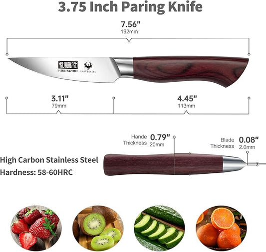 HOSHANHO 3.75 Inch Paring Knife, Ultra Sharp High Carbon Stainless Steel Small Kitchen Knife, Professional Janpanese Fruit Knife with Ergonomic Wood Handle