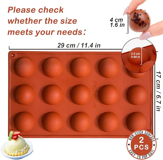 2-Pack 15-Cavity Silicone Baking Molds | Non-Stick Semi Sphere Molds for Jelly, Chocolate & Cake | BPA-Free Food Grade (Round/Half Sphere) by ENBRWAS