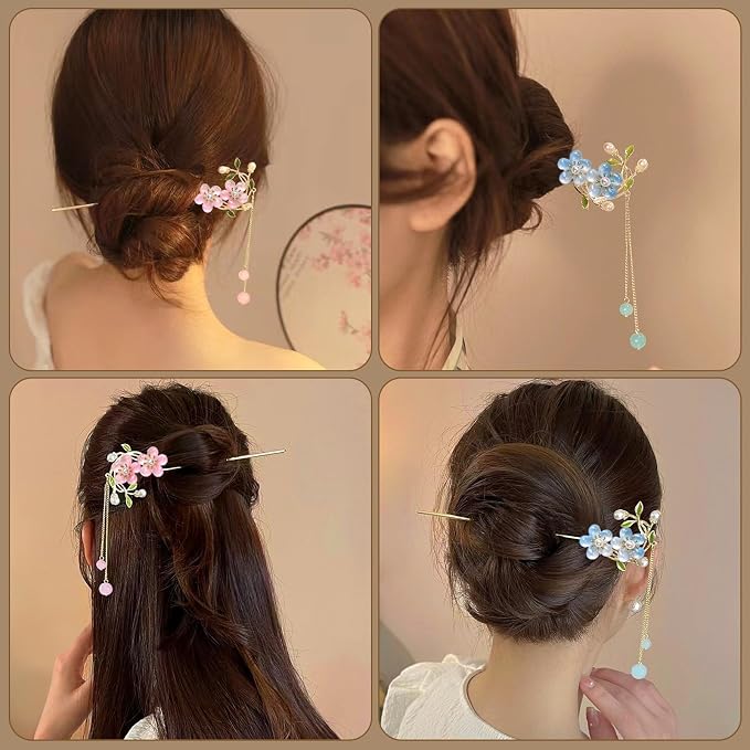 2Packs Lily of the Valley Chinese Hair Sticks for Buns, Pearl Flower Vintage Metal Hair Chopsticks for Women and Girls Dangle Tassel Pendant Accessories Hanfu Handmade Decor Hairpin (blue)