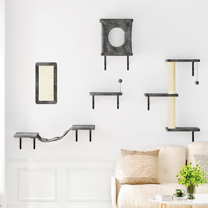 NUNU LAB Cat Wall Shelves Set, 5 Pcs Wall-Mounted Cat Climber with Cat House, Bridge, Scratching Post, Hammock, Wall Shelves, Gray