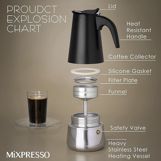 Mixpresso Black 9 Cup Greca Stovetop Espresso Pot 450ml/15oz, Moka Pot with Coffee Percolator Design, Stainless Steel Stove Top Coffee Maker for Camping or Home Use,Italian Stovetop Espresso Maker