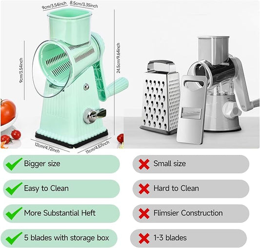 Xilrvna Rotary CheeseGrater, Vegetable Shredder 5 in 1 CheeseGraterwithHandleedderReinforcedSuction,EasytoClean,KitchenChopperforCrushed Ice,Fruits and Nuts with Blade Storage Case(Green)