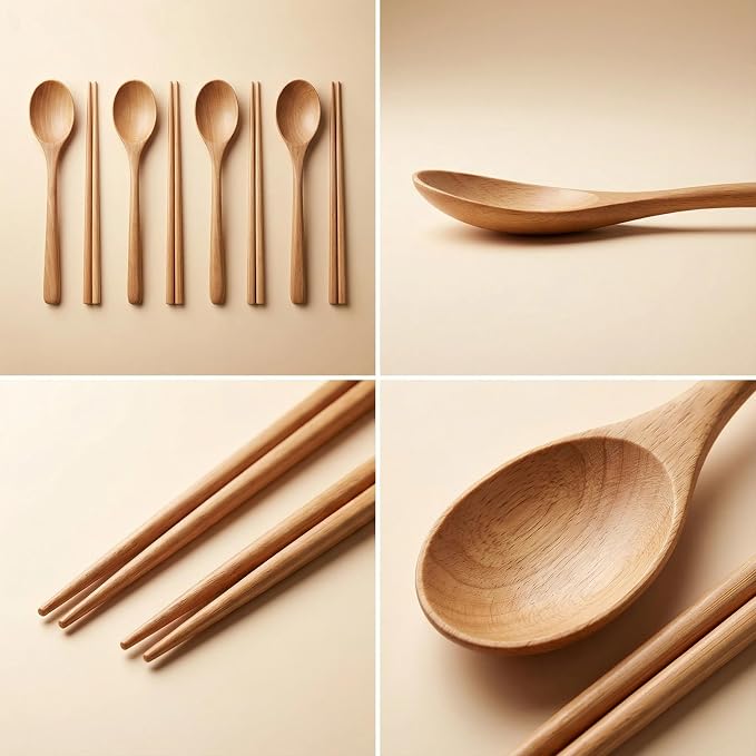 Handmade Wooden Cutlery Set by Diulazin - 4PCS Reusable Spoon and Chopsticks, High-Grade for Daily Use, Parties, Banquets, Buffets, Catering - Eco-Friendly, 9 Inch (Style E)