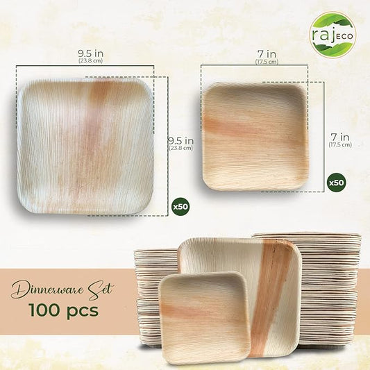 Raj Palm Leaf Plates Plates like Bamboo plates Disposable, Decorative Compostable Tableware for wedding, Lunch, Dinner, Birthday, Camping, Outdoor BBQ, Picnic (9.5"x50 7"x50 (100 Pack))