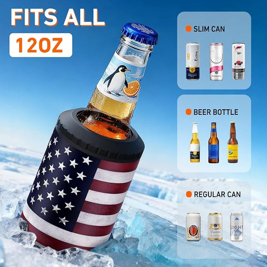 3 in 1 Slim Can Cooler for 12 OZ Skinny Can, Regular Can & Beer Bottle - Keep Cold for 6 Hours - Double Walled Insulated Stainless Steel Vacuum Beverage Insulator (US Flag)