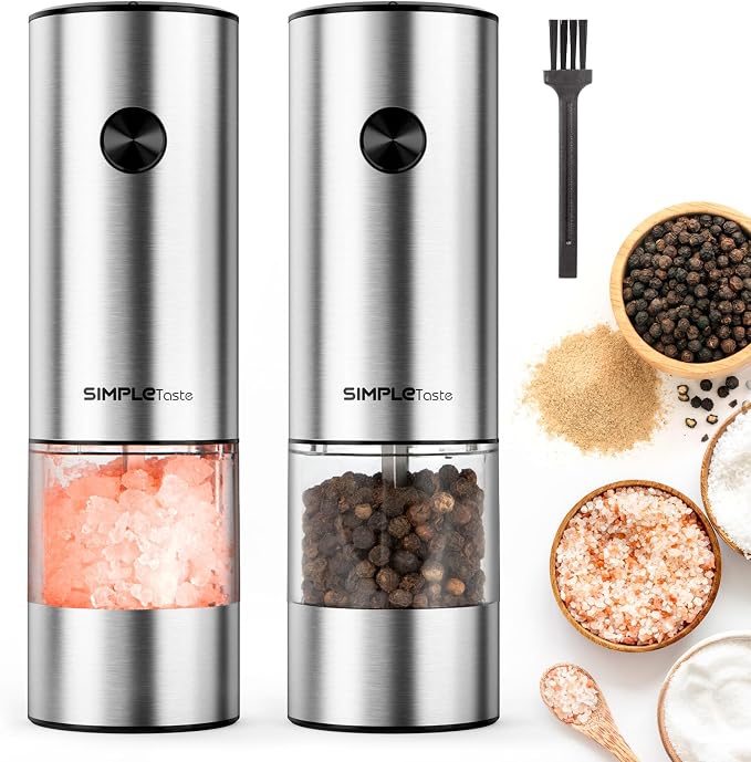 SIMPLETASTE Electric Salt and Pepper Grinder Set with LED Light, Automatic Pepper Mill Shakers with Adjustable Coarseness, One Hand Operation for Kitchen, Dining, Gifting, Silver, Battery Operated