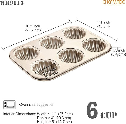 CHEFMADE Madeleine Mold Cake Pan, 6-Cavity Non-Stick Spherical Shell Madeline Bakeware for Oven Baking (Champagne Gold)