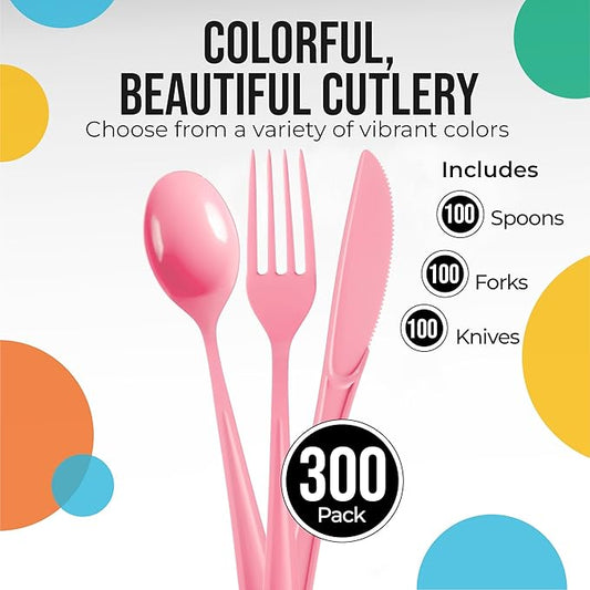 Party Solids Pink Plastic Silverware Heavy Duty 300 Pieces Pink Plastic Cutlery Sets, Utensil Sets, 100 Of Each Forks, Knives & Spoons Disposable Cutlery Set, Flatware Set For Party Supplies