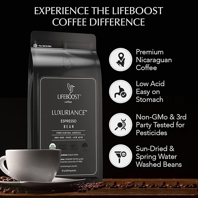 Lifeboost Organic Espresso Beans Whole – USDA Organic, Low Acid, Mold-Free Dark Roast Coffee – Whole Bean, Single Origin, High Caffeine Arabica – 12 oz Bag