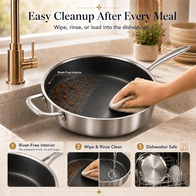 DELARLO Tri-Ply Hybrid Stainless Steel 10 Inch Saute Pan,3QT Chef Cooking Pan,Anti-Scratch,Compatible with All Cooktops,Oven Up to 660℉,Chicken Fryer,Dishwasher-Friendly(Detachable handle)