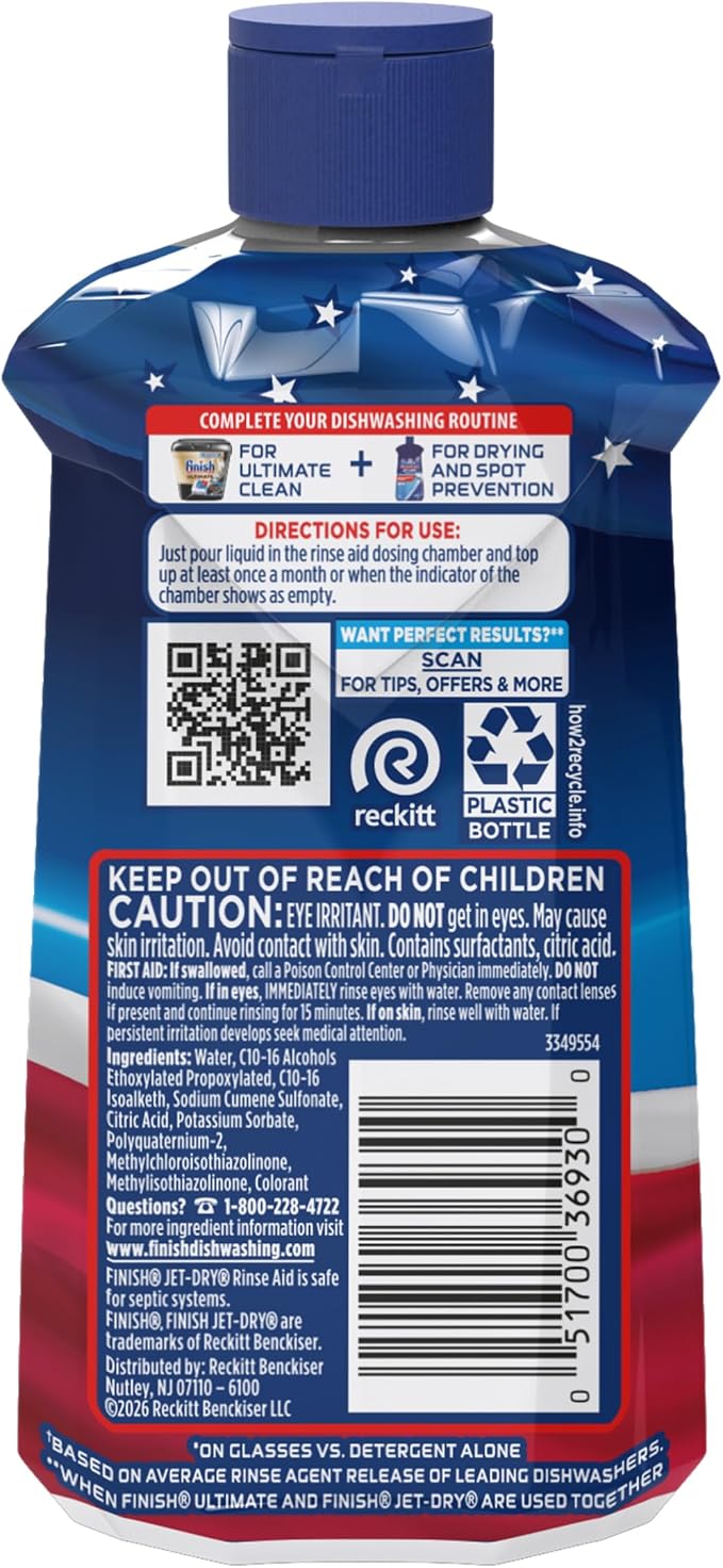 Finish Jet-Dry Dishwasher Rinse Aid, Compatible with Dishwasher Detergent, Prevents Spots & Residues, Dries, Shine & Protects, 8.45 oz, 80 Washes.