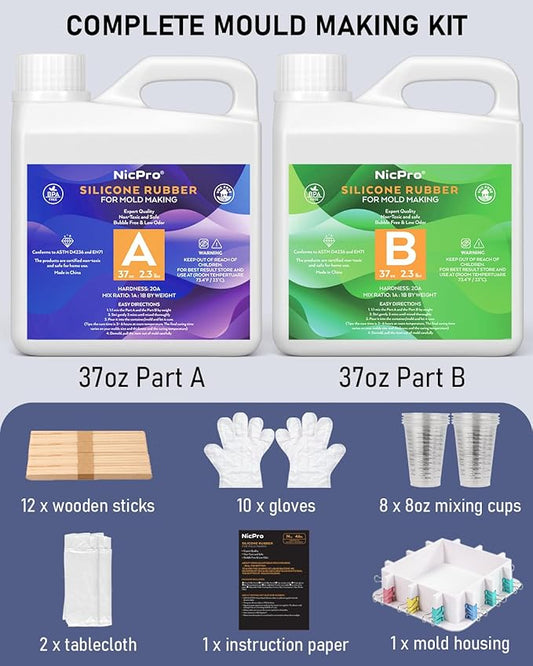 Nicpro 74oz Silicone Mold Making Kit, 15A Platinum Liquid Silicone Rubber, Jade Green Flexible, Silicone Molds Maker Mix Ratio 1:1 for Casting 3D Resins Molds DIY with Molds Housing, Mixing Cups