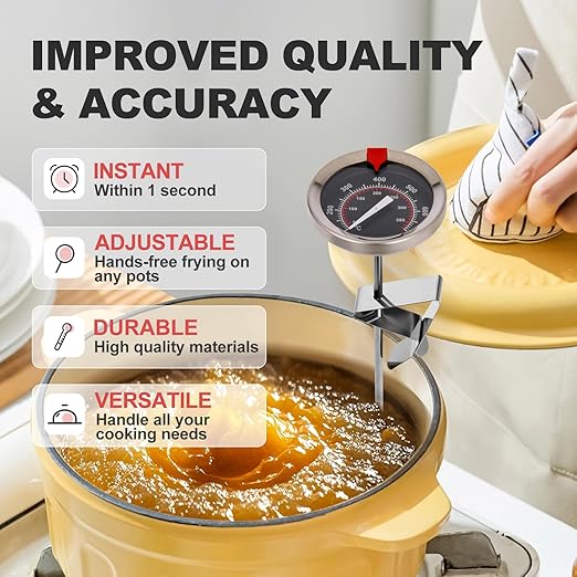 Glow-in-The-Dark Candy Thermometer Waterproof IP67-9" Deep Fry & Candy Thermometer with Pot Clip – High-Heat, Waterproof for Oil, BBQ, Candle Making,Black