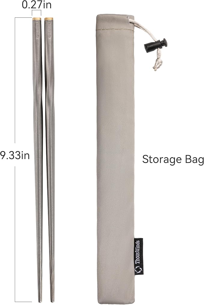 Thous Winds Titanium Chopsticks, 2 Pairs Ultralight Chopsticks, Reusable Utensils for Camping Backpacking Hiking Travel Home, 9-inch, with Storage Bag