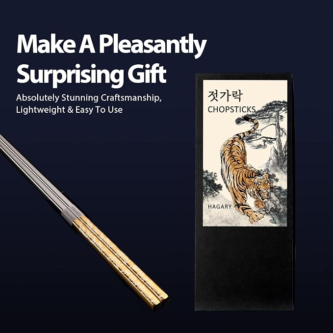 Hagary Tiger Chopsticks Metal Chopsticks Reusable Designed In Korea Japanese Style Stainless Steel 316 18/10 Non-Slip Dishwasher Safe Laser Etched (Gold - 5 Pairs)