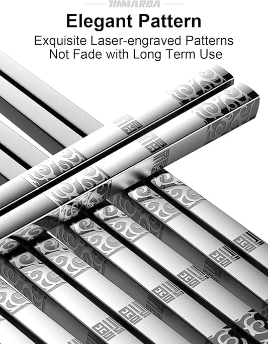 TINMARDA Metal Chopsticks Reusable 5 Pairs Stainless Steel Chopsticks Dishwasher Safe Square Lightweight Non-Slip Chop Sticks Present Set (Silver)