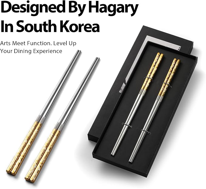 Carp Gold Reusable Chopsticks Square Metal Stainless Steel 316 18/10 Non-Slip Dishwasher Safe Designed In Korea Japanese Style (Gold - 2 Pairs)