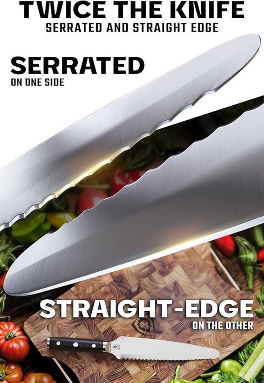 Dalstrong Dual Chef Knife - 8 inch - Gladiator Series Elite - Straight+Serrated Edge - Forged High Carbon Steel Sharp Kitchen Knife - Full Tang Knife Gift- Black G10 Handle - Sheath - NSF Certified