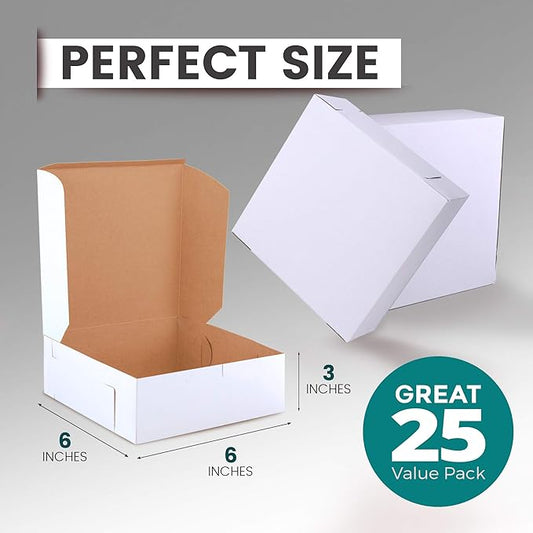 Fit Meal Prep 25 Pack White Bakery Boxes, 6 x 6 x 3 Inches Kraft Lining Pastry Boxes, Cardboard Treat Boxes Pie Boxes Cookie Boxes Dessert Boxes for Cupcakes, Chocolates, Donuts, Macarons