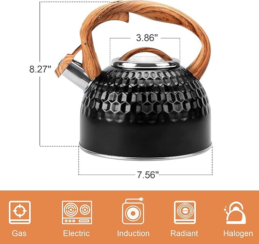Whistling Teapot, 2.6 Qt 304 Food Grade Stainless Steel Tea Kettle with Heat-resistant Handle, Durable, not Rust,One-button Switch(BLack)
