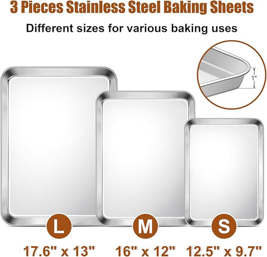 TeamFar Baking Sheet Set of 3, 17.6/16/ 12.5 Inch Stainless Steel Cookie Sheets Baking Pans, Metal Oven Baking Tray for Cooking Roasting Serving, Non-Toxic & Mirror Finish & Dishwasher Safe