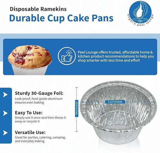 Angel's Peel Lounge Disposable Ramekins - Durable cup cake pans for baking - Aluminum Foil Ramekin for Tart, Appetizer-Utility, Muffin, Souffle, or Creme Brulee – 4 oz – pack of 50