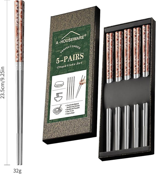 A·HOUSEWARE Copper Dragon Chopsticks Set Stainless Steel 316 Chop Sticks 5 Pairs Reusable Rose Gold Dinning Utensils Tableware Dishwasher Safe and Luxury Gift Box