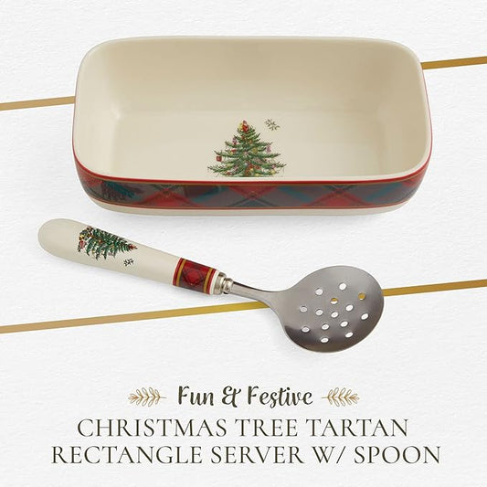 Spode Christmas Tree Tartan Cranberry Sauce Serving Dish with Slotted Spoon (8"x 4.25") - Rectangular Holiday Server with Plaid Border - Dishwasher, Microwave, Freezer Safe Serveware for Entertaining