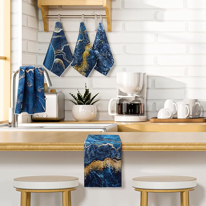 Boyiee 6 Pcs Marble Hand Towels Blue and Gold Towels Navy Blue Kitchen Towel Modern Gifts Absorbent Soft Decorative Dish Cloths Tea Towel Set Kitchen Decor Ocean Gift for Holiday Farmhouse Bathroom
