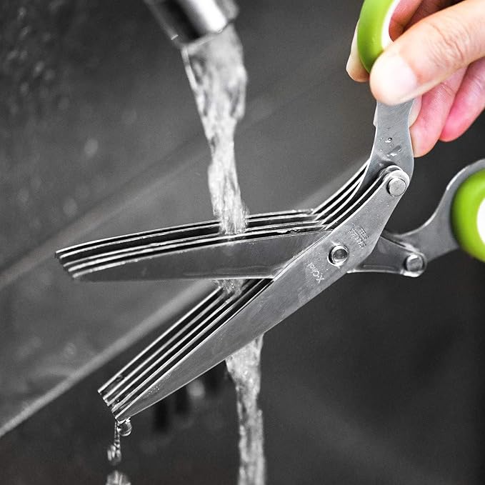 X-Chef Multipurpose 5 Blade Herb Scissors | Kitchen Herb Shears Herb Cutter with Safety Cover and Cleaning Comb for Chopping Basil Chive Parsley (Green)