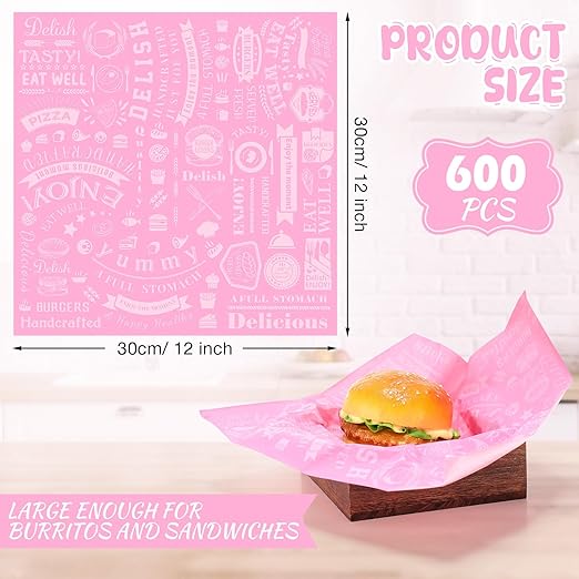 Outus 600 Pcs 12 x 12 Inch Deli Wax Paper Sheets Grease Resistant Tray Basket Liners Newsprint Paper Water and Grease Proof Sandwich Wrapping Square Hot Dog Wrappers for Food Baking (Pink)