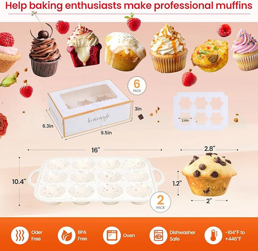 Silicone Muffin Pans for Baking with Metal Reinforced Frame 2 Pack with 6 Pack cupcake boxes(6 count), Nonstick Silicone Cupcake Pan for Baking Homemade Muffins, Dishwasher Safe BPA Free