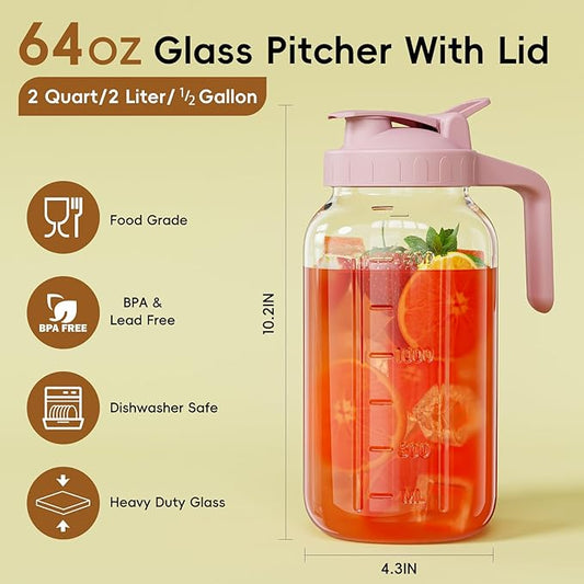 Glass Mason Jar Pitcher, 64 oz Wide Mouth Jug with Pour Spout Handle Lid for Cold Brew Coffee, Ice Beverage, Iced Juice, Lemonade, Sun Tea, Fruit Drinks Container(Pink)