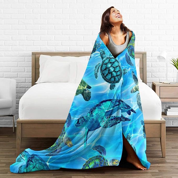 Sea Turtle Flannel Blanket Soft Cozy Nautical Ocean Turtle Fleece Plush Stuff Decor Throw Blanket Warm Sea Turtle Blanket Gifts for Girls Boys Lovers Women Adults Men Kids Bed Travel 50"x60"