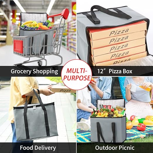 Insulated Grocery Shopping Bags, X-Large Food Delivery Bag for Delivery Drivers, Reusable Tote Cooler Bag for Travel, Dark Gray, 2-Pack