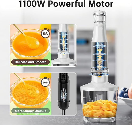Immersion Blender Handheld Corded Hand Blenders Set 1100W, Trigger Variable Speed 5 in 1 Stick Emulsifier with Chopper, Whisk and Frother for Soup, Baby Food and Smoothies, White,Case