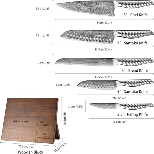 NANFANG BROTHERS® Kitchen Knife Set with Magnetic Knife Holder, 6-Piece Damascus Steel Knives & Acacia Wood magnetic Block - Includes Chef, santoku, Bread, Small Santoku, Fruit Knives