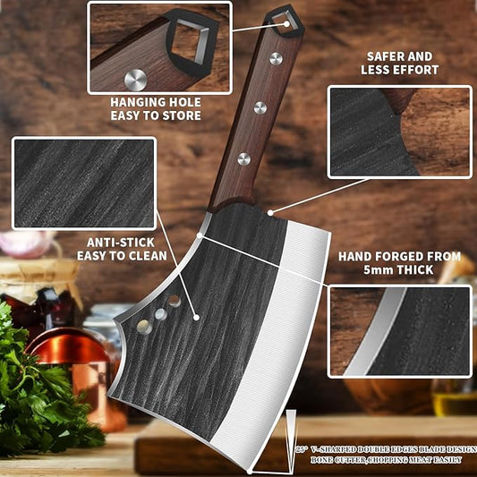 7.68" Meat Cleaver Knife for Meat Bone Cutting,Full Tang Japanese Chef Chopping Knife,Heavy Duty Butcher Axe Bone Breaker, Hand Forged Chopper for Kitchen,Gifts for Men