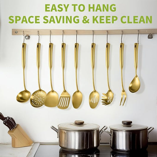 304 Stainless Steel Kitchen Cooking Utensils Set - 9 PCS Serving Utensils, Include Skimmer, Soup Ladle, Spaghetti Server, Wok Spatula, Slotted & Solid Spoon, Slotted Spatula Turner, Meat Fork (Gold)