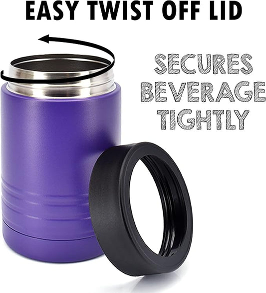 4-in-1 Stainless Steel 12 oz Double Wall Vacuum Insulated Can or Bottle Cooler Keeps Beverage Cold for Hours - Also Fits 16 oz Cans - Powder Coated Purple - Clear Water Home Goods