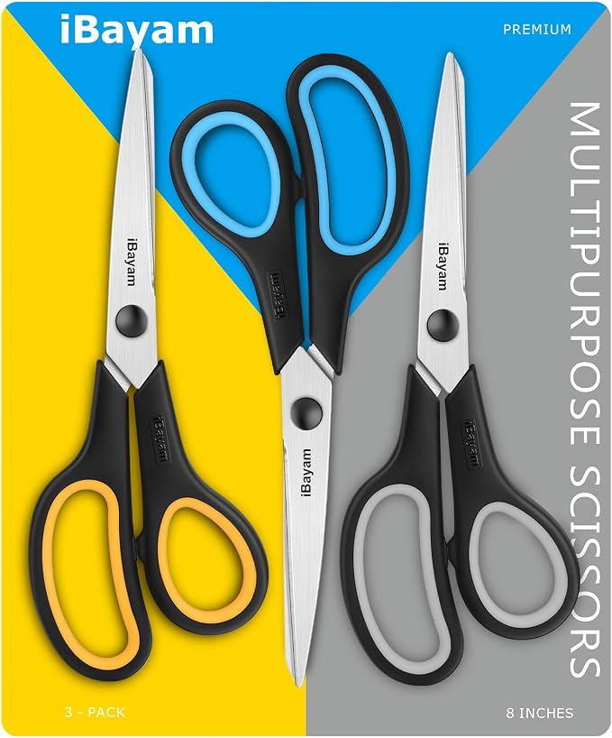 iBayam 8.5" Heavy Duty Black Scissors for Office School Classroom Home Use | Precision 2.5mm Thickness Ultra Sharp Blade| Comfort Grip Right/Left Handles| Multipurpose | Cutting Paper Fabric Packaging