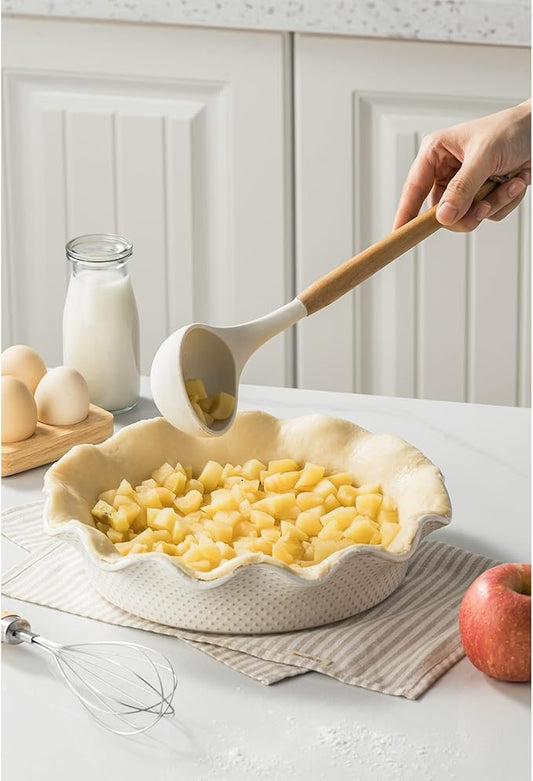 Ceramic Deep Pie Pan for Baking, 11 inch Porcelain Pie Dish for Apple Pie, Oven & Dishwasher Safe, 48 Ounce Deep Plate for Kitchen, Non-Stick Pie Pans,Off-White, Embossed Dots