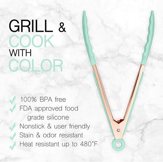 COOK WITH COLOR Stainless Steel Silicone Tipped Kitchen & BBQ Tongs Set, 2 Pc Tongs, Green