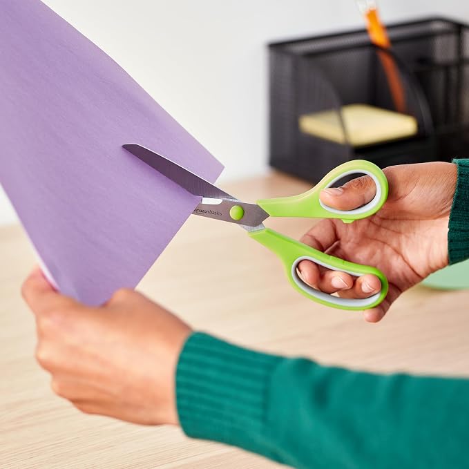 Amazon Basics Multipurpose Stainless Steel Scissors for Office, Crafts, Paper Cutting, Fabric Cutting, Right/Left Handed, Comfort Grip, PVD Coated, 2-Pack, Green and Grey