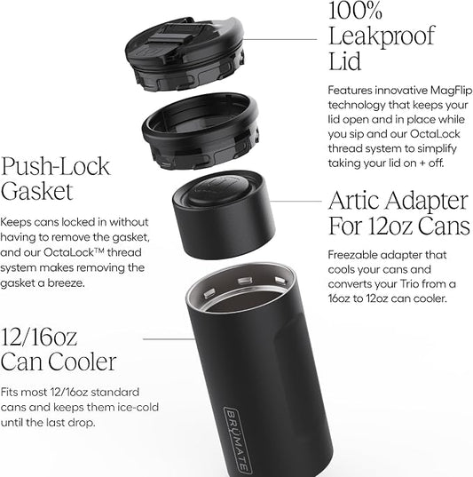 BrüMate Hopsulator Trio 3-in-1 Insulated Can Cooler for 12oz / 16oz Cans + 100% Leak Proof Tumbler with Lid | Insulated for Beer, Soda, and Energy Drinks