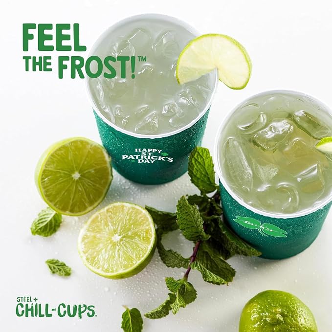 Steel Chill Cups 16 oz. Party Cups, St. Patrick's Day, Green, 12 Count | Made in USA from Steel these durable cups chill fast & keep your drink cold for longer, 100% recyclable for sustainablity