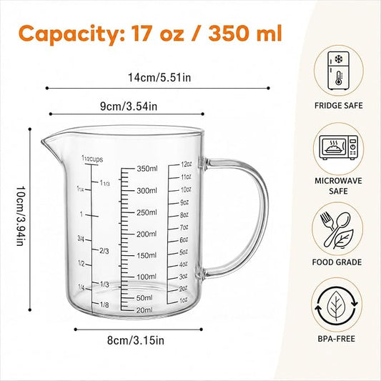 Graduated Glass Measuring Cup With Handle 350ML (12Oz, 1 1/2Cups) | High Borosilicate Liquid Measuring Cup for Baking Cooking Kitchen V-Shaped Spout Glass Measuring Beaker Easy To Read