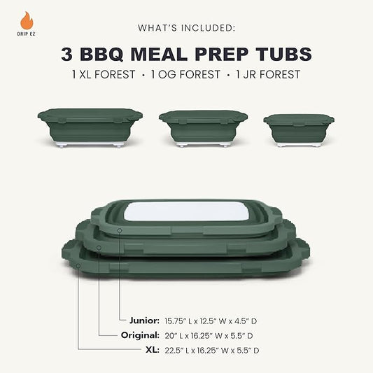Drip EZ Collapsible BBQ Prep Tubs 3-Piece Set - For Meal Prep Marinating Food Storage - Includes Cutting Board & Lid - (1) JR + (1) OG + (1) XL - Green