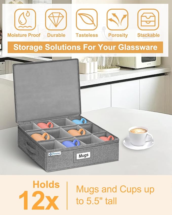 punemi Mug Storage Organizer, 2-Pack Hard Shell Boxes for Packing & Moving | Hard shell sides and bottom with padded dividers for a set of 12 mugs or tea cups; stackable for packing and moving